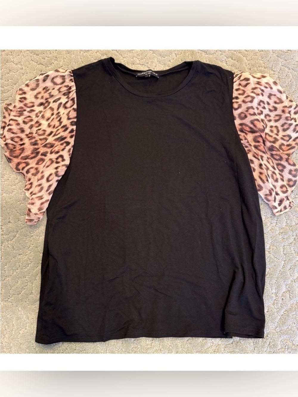 Generation Love Noelle black tee shirt sheer silk leopard flutter sleeves XL